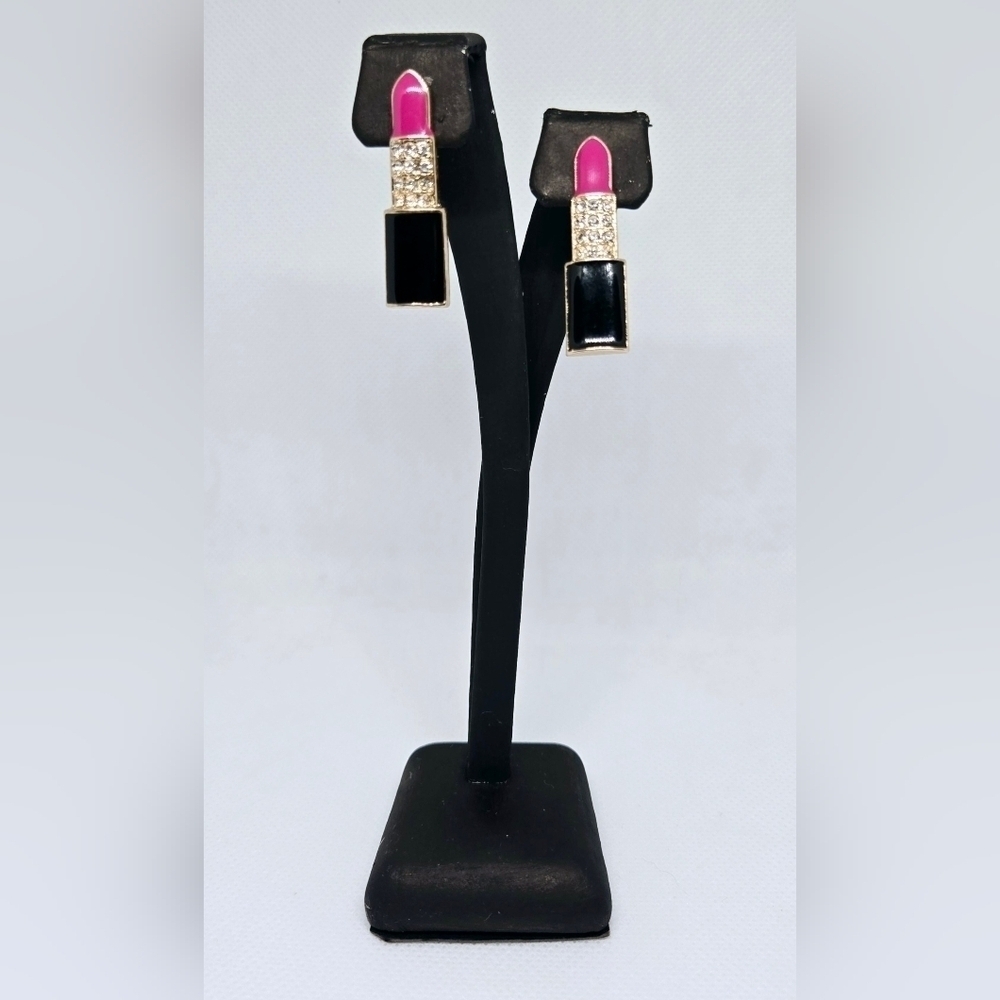 Lipstick Statement Earrings Pink Black Rhinestone Novelty Glam